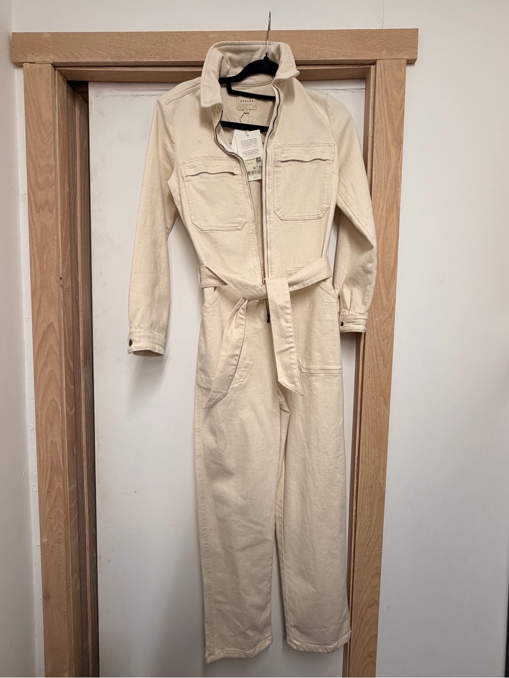 Sezane Cream Utility Jumpsuit with Tie Belt